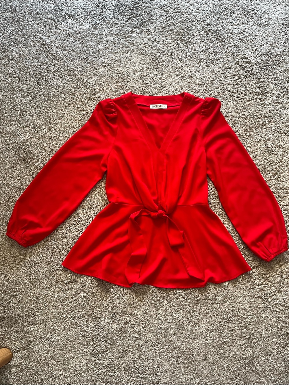 Grace Karin Vivid Red, V-Neck, Tie-Front, Long Sleeve, Peplum Blouse